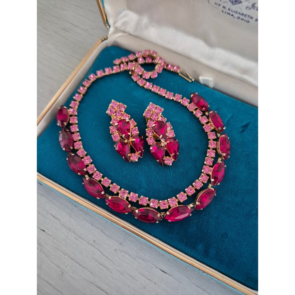 Vintage MCM Red and Pink Rhinestone Necklace and Earring Set